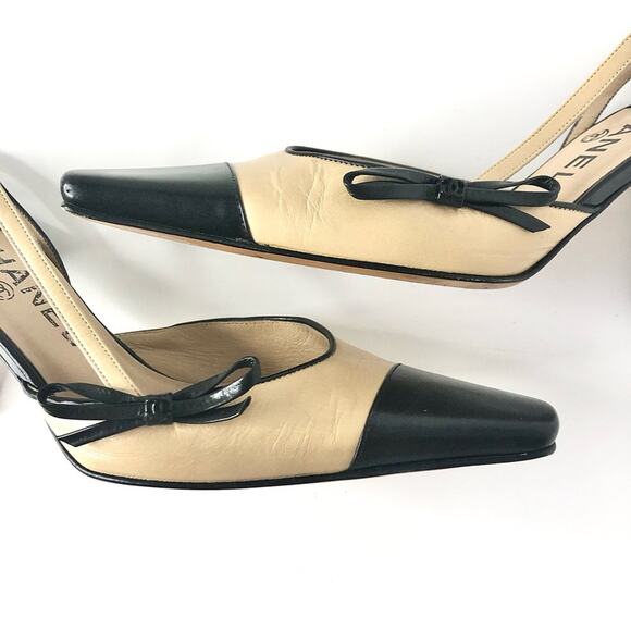 Vintage Chanel Lagerfeld Interlocking CC Mini Bow Cap Toe Slingback Pumps 36 - Picture 4 of 8